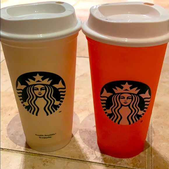 STARBUCKS TRAVEL MUG PAIR - White & Orange☕️ 🧡